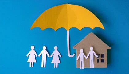 커다란 우산 아래 보호받는 다양한 복지 상징물의 종이인형