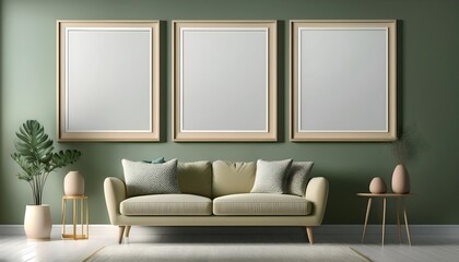 Three blank pictures frames mockup wall art posters on a green fresh wall with decorative items