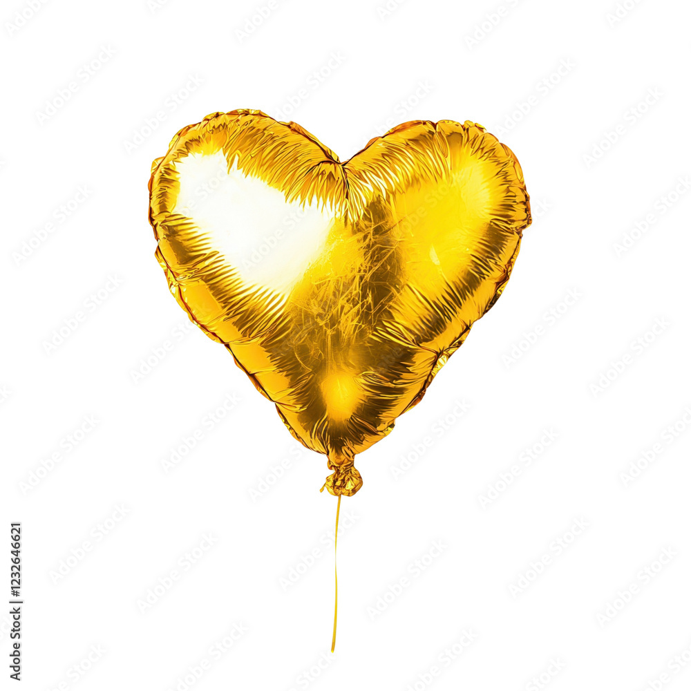 Poster a shiny golden heart-shaped balloon, reflecting light with a smooth surface and a tied string below.