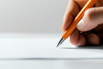 A close-up of a hand holding an orange pen, poised above a blank sheet of paper, ready for writing or drawing.