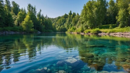 Crystal Clear River Landscape with Lush Green Trees