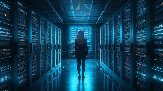 A cybersecurity professional, dressed in a modern dark outfit, standing in a dimly lit data center surrounded by glowing blue server racks. A holographic interface displays encrypted codes and securit