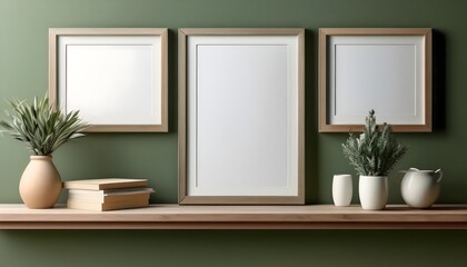 Three blank pictures frames mockup wall art posters on a green fresh wall with decorative items