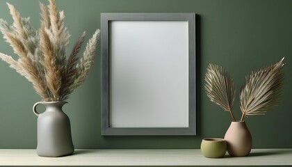 Blank picture frame mockup wall art posters on a green fresh wall with decorative items