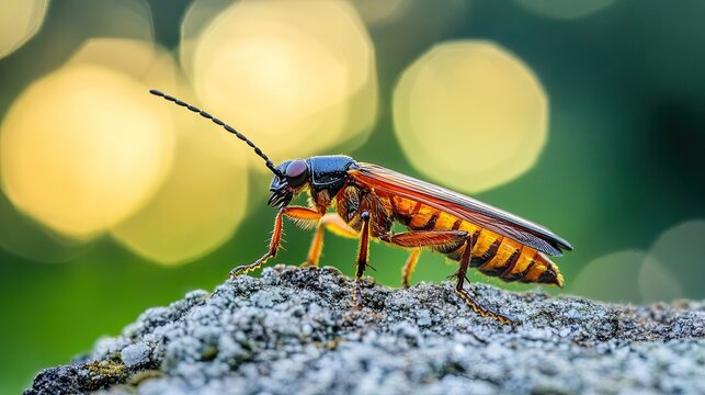 Detailed macro shot of a horntail wasp on a rocky surface with bokeh background