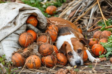 A dog rests among a pile of pumpkins, creating a cozy and rustic scene in a natural outdoor setting.