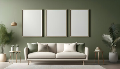 Three blank pictures frames mockup wall art posters on a green fresh wall with decorative items