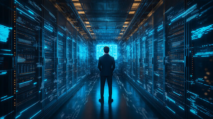 A cybersecurity professional, dressed in a modern dark outfit, standing in a dimly lit data center surrounded by glowing blue server racks. A holographic interface displays encrypted codes and securit