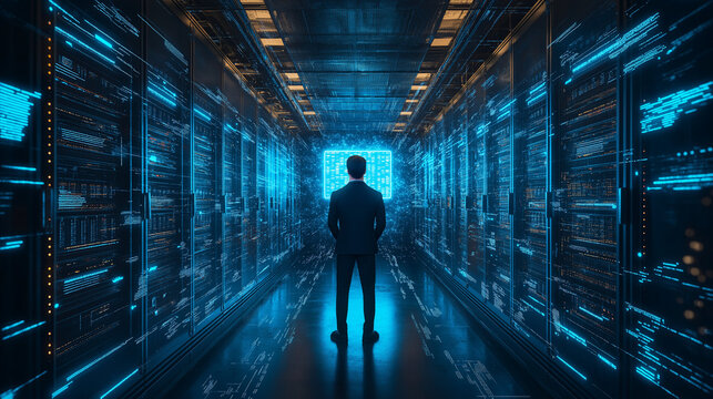 A cybersecurity professional, dressed in a modern dark outfit, standing in a dimly lit data center surrounded by glowing blue server racks. A holographic interface displays encrypted codes and securit