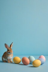 there is a rabbit sitting next to a group of colored eggs