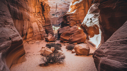 Sunlit canyon with towering sandstone formations, layered textures, contrasting light and shadow, and a winding path through a desert scene