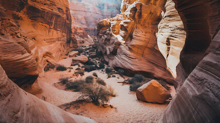 Sunlit canyon with towering sandstone formations, layered textures, contrasting light and shadow, and a winding path through a desert scene