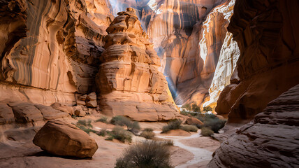 Sunlit canyon with towering sandstone formations, layered textures, contrasting light and shadow, and a winding path through a desert scene