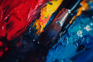 Obraz premium Close-up view of paintbrushes resting in vibrant paint colors during an artists session