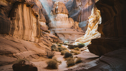 Sunlit canyon with towering sandstone formations, layered textures, contrasting light and shadow, and a winding path through a desert scene