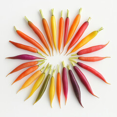 Circular arrangement of colorful heirloom carrots on white background