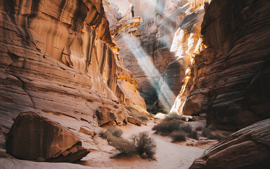 Sunlit canyon with towering sandstone formations, layered textures, contrasting light and shadow, and a winding path through a desert scene