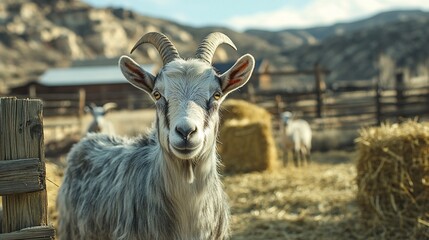 Obraz premium Goat standing in a rustic farm setting with bales of hay and mountains in the background