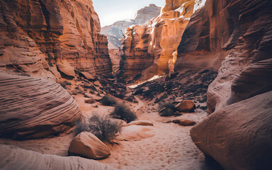 Sunlit canyon with towering sandstone formations, layered textures, contrasting light and shadow, and a winding path through a desert scene