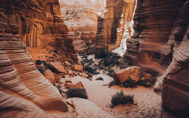 Sunlit canyon with towering sandstone formations, layered textures, contrasting light and shadow, and a winding path through a desert scene