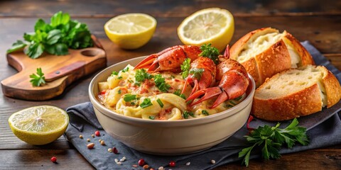 Steaming hot lobster macaroni dish served in a small bowl with a side of garlic bread, garnished with chopped parsley and lemon wedges , macaroni, seafood