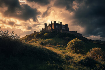 Fototapeta premium Historic castle stands majestically on a hillside beneath dramatic skies at sunset