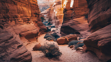 Sunlit canyon with towering sandstone formations, layered textures, contrasting light and shadow, and a winding path through a desert scene
