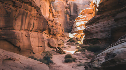 Sunlit canyon with towering sandstone formations, layered textures, contrasting light and shadow, and a winding path through a desert scene