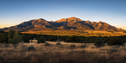 Breathtaking panoramic view of a majestic mountain range at sunset