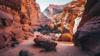 Sunlit canyon with towering sandstone formations, layered textures, contrasting light and shadow, and a winding path through a desert scene