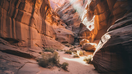 Sunlit canyon with towering sandstone formations, layered textures, contrasting light and shadow, and a winding path through a desert scene