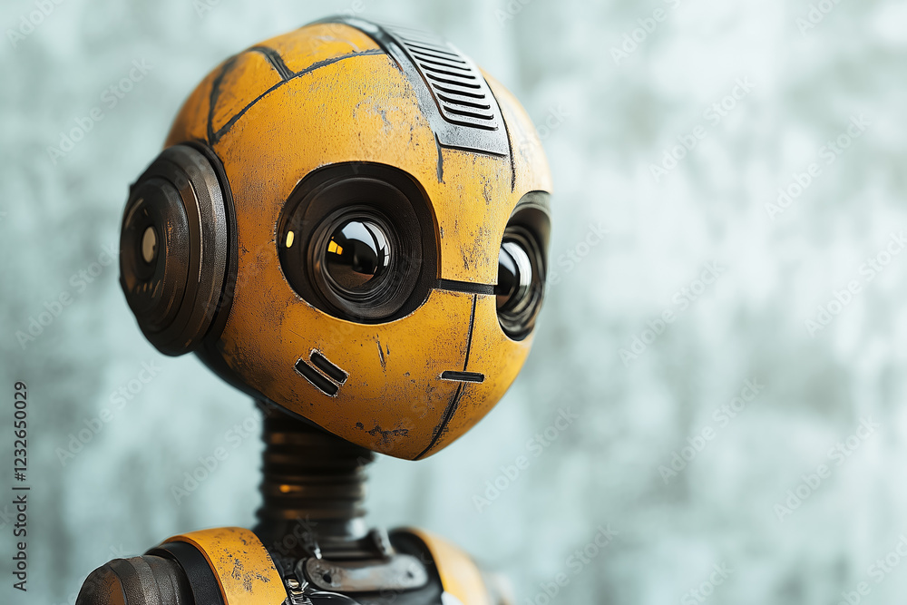 Poster a robot face with a calm neutral expression is looking directly at the camera. the setting features 