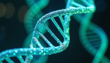 Microscopic Close up of Glowing Teal DNA Helix Genetic Code Science Background