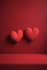 two red hearts are placed on a red surface