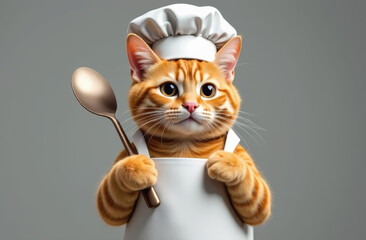 Cat  with white Chef hat on gray background.
