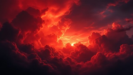 Bright red sunset. Dramatic evening sky with clouds. Fiery skies with space for design. Magic fantasy sky. War, battle, terror, world apocalypse, horror concept.