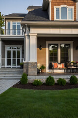 Luxury Home Exterior: Modern Architecture and Landscaping Design. A stunning showcase of residential property with a spacious porch, manicured lawn, and exquisite details.