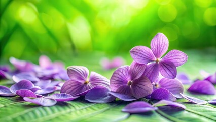 Obraz premium Delicate purple flower petals scattered on a soft green leaf background, with a few stems in the foreground, botanical