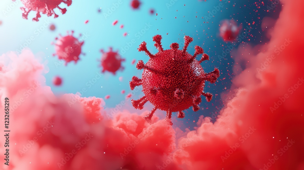 Poster colorful 3d representation of virus in abstract cloudy background