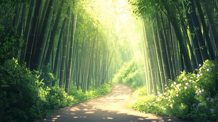 Fototapeta premium Sunlit bamboo forest path, serene nature, floral undergrowth, peaceful journey