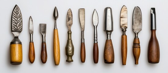 Antique carving tools arranged on white; studio shot; background is plain; craft supplies