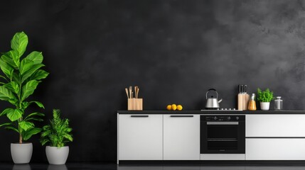Modern Stylish Kitchen Interior with Black Accent Wall, Minimalistic Design Elements, and Vibrant Green Plants for Contemporary Home Decor Inspiration