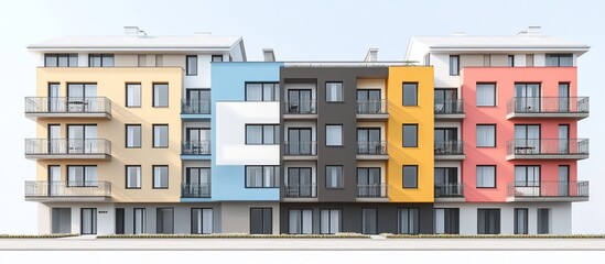 Colorful apartment building exterior; sunny day; urban landscape; real estate