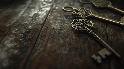 Antique keys on rustic wood, mystery background, secret concept