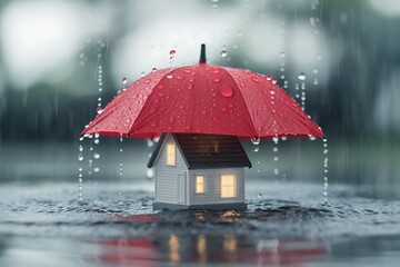 House Protected by Red Umbrella During Rainstorm Insurance Concept