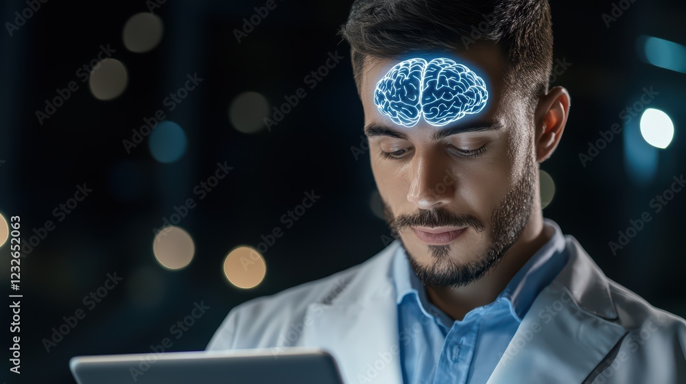 Aufkleber young scientist using tablet with brain graphics overlay