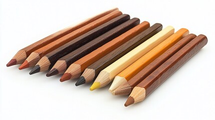 Obraz premium Earth-toned pencils arranged on white background, studio shot, art supply