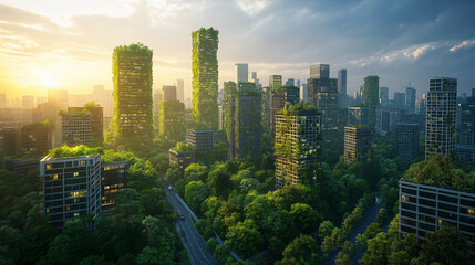 Fototapeta premium A futuristic green city skyline with vertical gardens, solar-powered skyscrapers, and autonomous electric vehicles gliding on eco-friendly roads. Bright and optimistic lighting showcases a sustainable