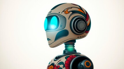 A robot with ornate floral designs on its head, gazing off to the side against a bright white background.