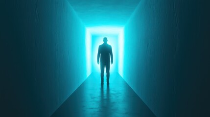 Obraz premium Mysterious Figure in Dark Corridor with Glowing Blue Light